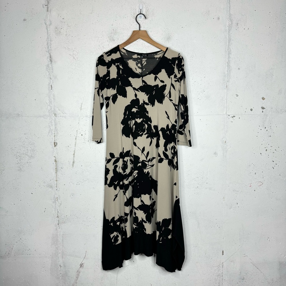 Sun Kim 3/4 Sleeves Black Cream Floral Midi Jersey Dress XS